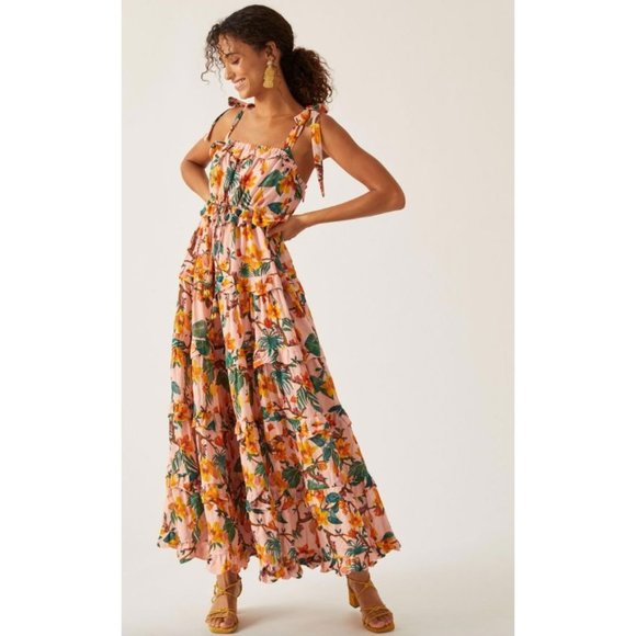 Anthropologie Farm Rio Tropical Paradise Square-Neck Tiered-Maxi Dress Size XS